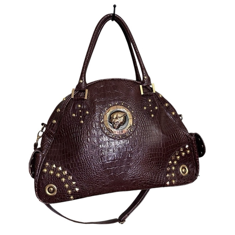 Large Cat Medallion Brown Crocodile Gold Accents shoulder Travel Bag Purse